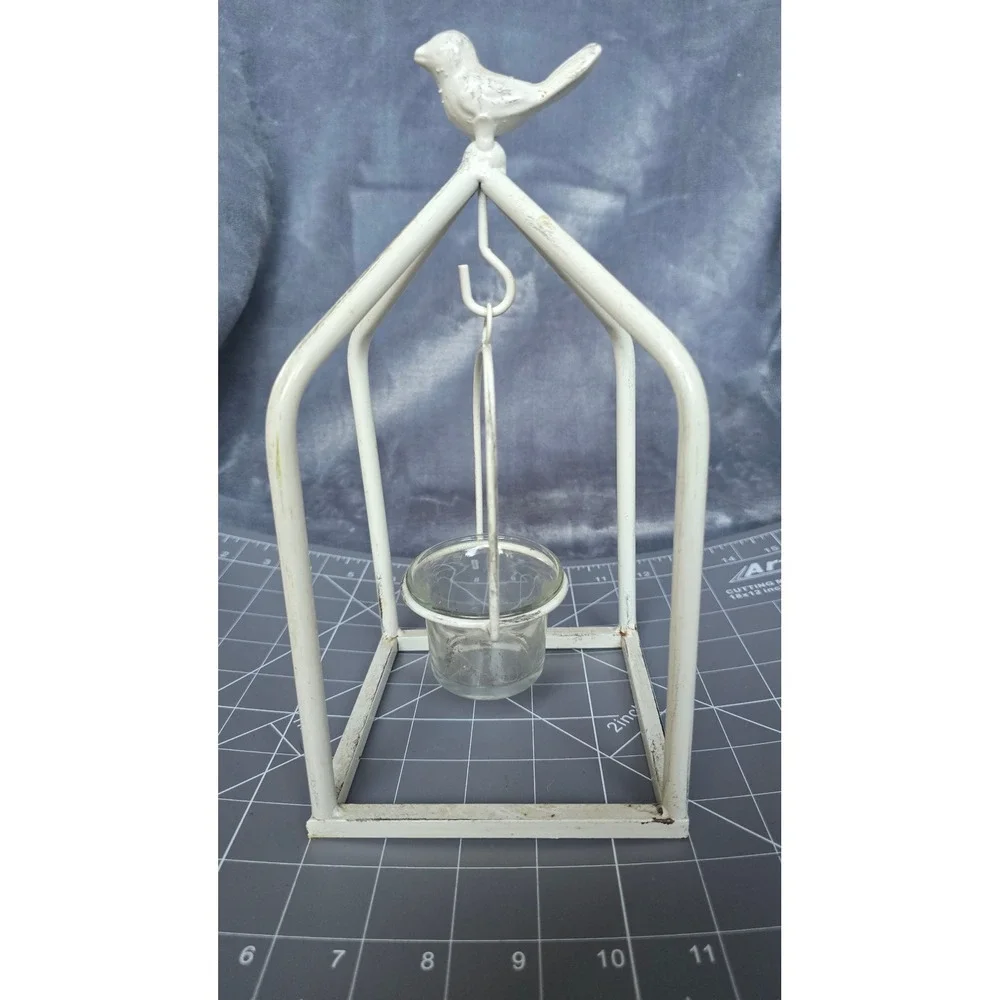White Metal Birdhouse Votive Candle Holder Rustic Farmhouse Decor with Glass Cup